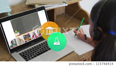 Image of colorful icons over biracial schoolgirl using laptop for online lesson Image of colorful icons over biracial schoolgirl using laptop for online lesson 115748414