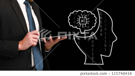 Image of ai data processing over caucasian businessman using tablet Image of ai data processing over caucasian businessman using tablet 115748416