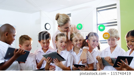 Image of colorful icons over diverse schoolchildren and teacher using tablets Image of colorful icons over diverse schoolchildren and teacher using tablets 115748419