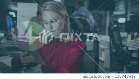 Image of statistical data processing over caucasian woman using digital tablet at office Image of statistical data processing over caucasian woman using digital tablet at office 115748432