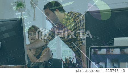 Image of statistical data processing over caucasian male and female colleagues discussing Image of statistical data processing over caucasian male and female colleagues discussing 115748443