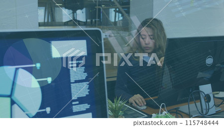 Image of statistics and financial data processing over businesswoman using computer Image of statistics and financial data processing over businesswoman using computer 115748444