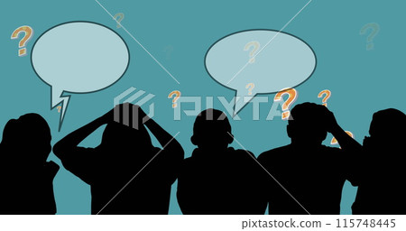 Image of people silhouettes with speech bubble over question marks on blue background Image of people silhouettes with speech bubble over question marks on blue background 115748445