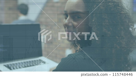 Image of data processing over african american woman using computer against empty office Image of data processing over african american woman using computer against empty office 115748446