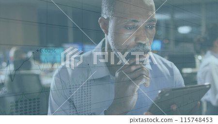 Image of statistics and financial data processing over businessman using tablet 115748453