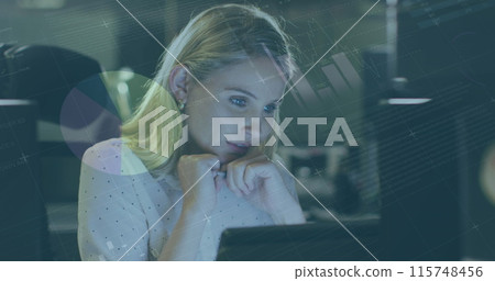 Image of statistical data processing over thoughtful caucasian woman looking at computer screen Image of statistical data processing over thoughtful caucasian woman looking at computer screen 115748456