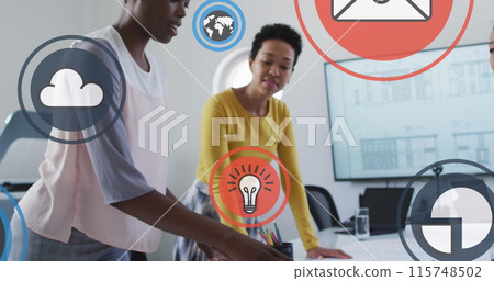 Image of icons and connections over diverse business people in office 115748502