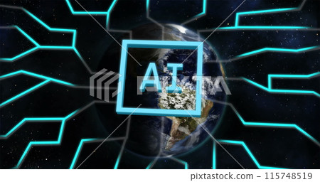 Image of ai data processing over globe and dark background 115748519