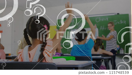 Image of question marks over diverse schoolchildren raising hands 115748539