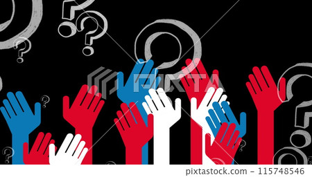 Image of question marks over hands on black background 115748546