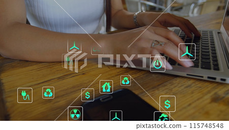 Image of multiple icons over midsection of caucasian woman typing on keyboard of laptop 115748548