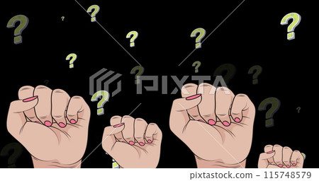 Image of question marks over raising fists on black background Image of question marks over raising fists on black background 115748579