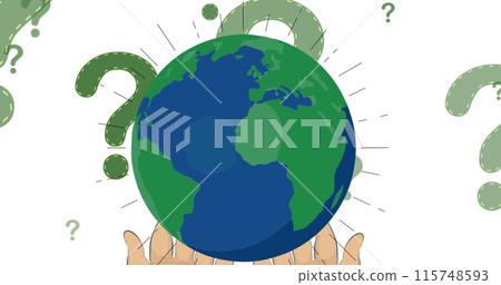 Image of hands holding globe over question marks on white background Image of hands holding globe over question marks on white background 115748593