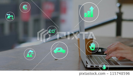 Image of multiple icons over cropped hands of caucasian woman working on laptop in cafes Image of multiple icons over cropped hands of caucasian woman working on laptop in cafes 115748596