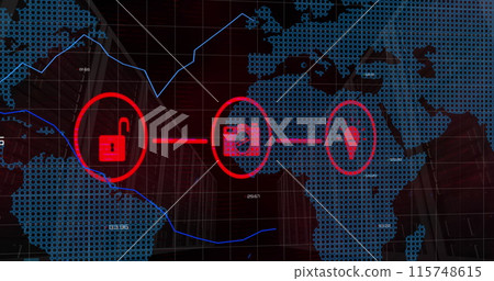 This image shows a blue statistic line, graph, and world map over a white grid on a black background This image shows a blue statistic line, graph, and world map over a white grid on a black background 115748615