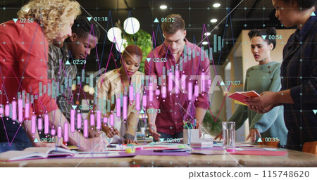 Image of multiple graphs and changing numbers, diverse designers sharing ideas Image of multiple graphs and changing numbers, diverse designers sharing ideas 115748620