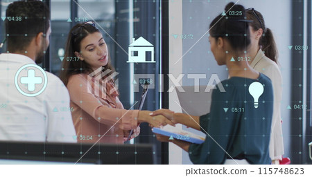 Image of changing numbers and multiple icons over diverse coworkers discussing and shaking hands 115748623