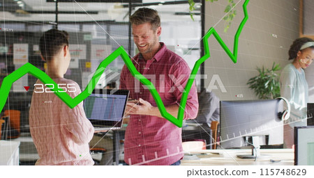 Image of graph and changing numbers over caucasian coworkers standing and discussing in office Image of graph and changing numbers over caucasian coworkers standing and discussing in office 115748629