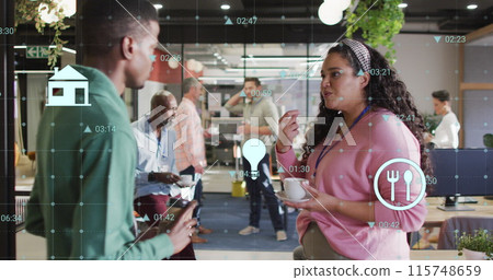 Image of changing numbers and icons over diverse coworkers discussing during tea break Image of changing numbers and icons over diverse coworkers discussing during tea break 115748659