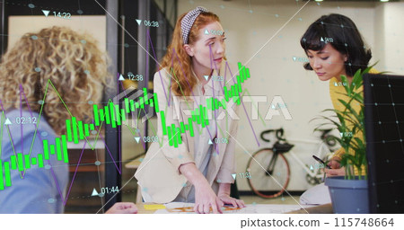 Image of multiple graphs and changing numbers over diverse coworkers sharing ideas in office Image of multiple graphs and changing numbers over diverse coworkers sharing ideas in office 115748664