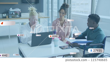 Image of multiple notification bars over diverse coworkers discussing reports in office Image of multiple notification bars over diverse coworkers discussing reports in office 115748685