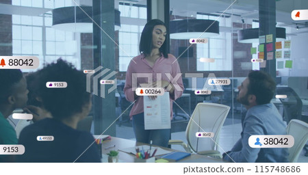 Image of multiple notification bars over diverse woman explaining reports to coworkers Image of multiple notification bars over diverse woman explaining reports to coworkers 115748686