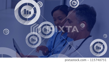 Image of network of connections with icons over diverse doctors using laptop 115748731
