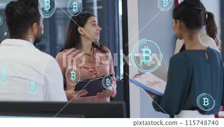 Image of bitcoin symbols over diverse colleagues having meeting in office Image of bitcoin symbols over diverse colleagues having meeting in office 115748740