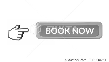 Digital image of a grey book now button with a hand icon pointing towards it 115748751