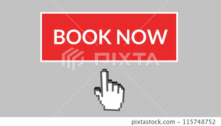 Digital image of a red book now button with a hand icon below pointing towards it against grey backg 115748752