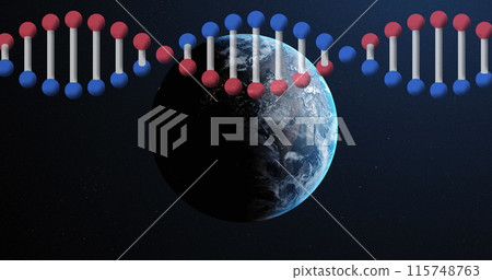 Image of dna strand spinning over globe 115748763