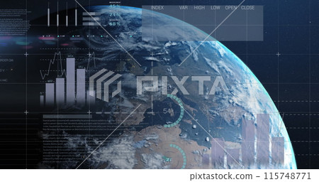 Image of statistics and financial data processing over globe 115748771