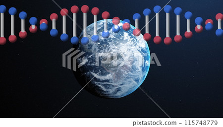 Image of dna strand spinning over globe Image of dna strand spinning over globe 115748779