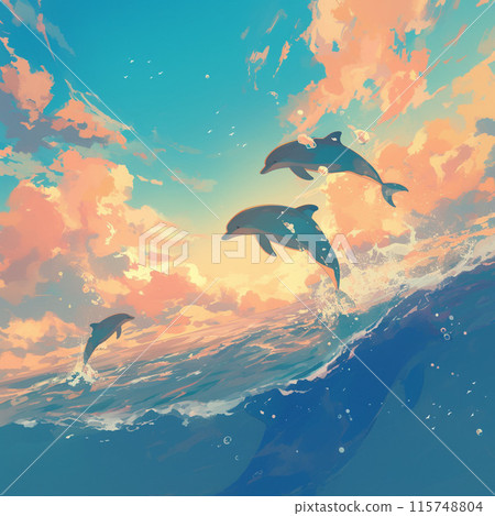 Dolphins swimming on the surface of the sea Dolphins swimming on the surface of the sea 115748804
