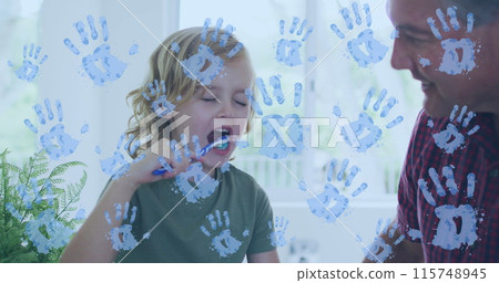 Image of handprints over caucasian boy brushing teeth Image of handprints over caucasian boy brushing teeth 115748945