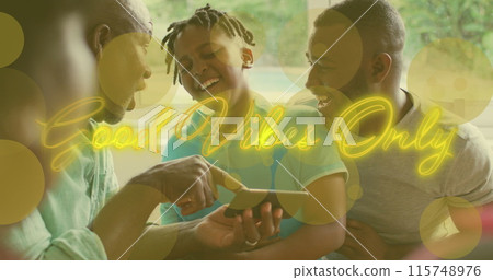 Image of good vibes only text over african american family using smartphone Image of good vibes only text over african american family using smartphone 115748976