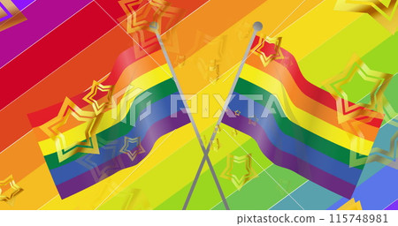 Image of stars over rainbow flags on rainbow background 115748981