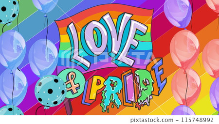 Image of balloons over love and pride text with rainbow background Image of balloons over love and pride text with rainbow background 115748992
