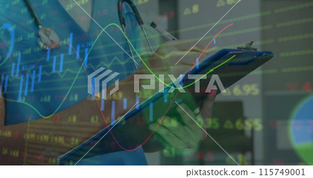 Image of financial data processing over caucasian male doctor writing 115749001