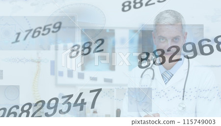 Image of numbers and data processing over caucasian male doctor 115749003