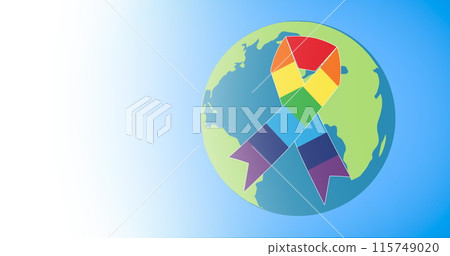 Image of rainbow fist with rainbow ribbon and globe on blue background Image of rainbow fist with rainbow ribbon and globe on blue background 115749020