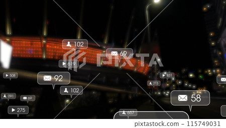 Image of social media icons and numbers over cityscape Image of social media icons and numbers over cityscape 115749031
