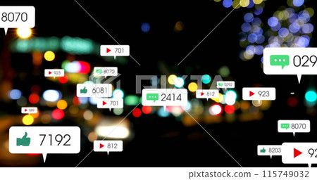 Image of social media icons and numbers over out of focus city lights 115749032