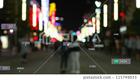 Image of social media icons and numbers over out of focus city lights 115749033