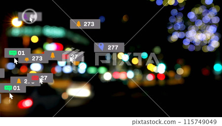 Image of social media icons and numbers over out of focus city lights Image of social media icons and numbers over out of focus city lights 115749049