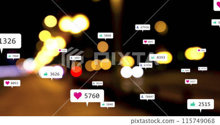 Image of social media icons and numbers over out of focus city lights 115749068