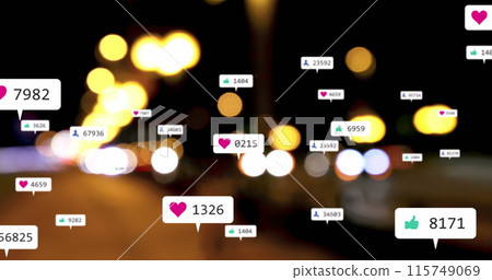 Image of social media icons and numbers over out of focus city lights Image of social media icons and numbers over out of focus city lights 115749069