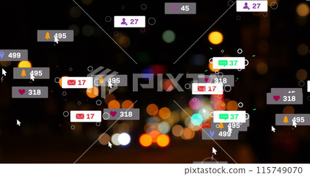 Image of social media icons and numbers over out of focus city lights Image of social media icons and numbers over out of focus city lights 115749070