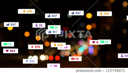 Image of social media icons and numbers over out of focus city lights Image of social media icons and numbers over out of focus city lights 115749071
