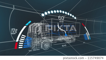 Image of car interface over digital lorry model on black background Image of car interface over digital lorry model on black background 115749074